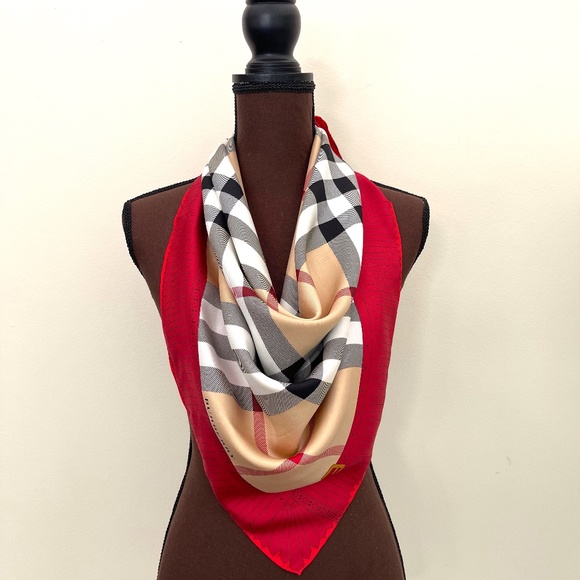 Display # 3 Burberry Scarf Iconic Beige Check Red Border Silk Wrap